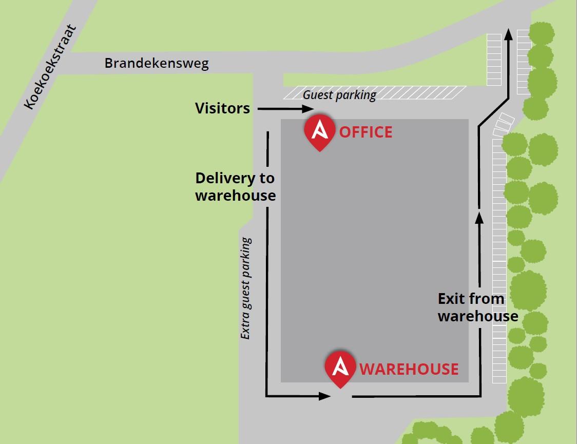 Site map showing the layout of the Alcadon Belgium office and warehouse area. The entrance is from Brandekensweg, with designated routes for visitors and warehouse deliveries.
