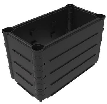 3D rendering of a black underground utility chamber from Cubis with reinforced side walls and round entry points at the top corners for duct installation
