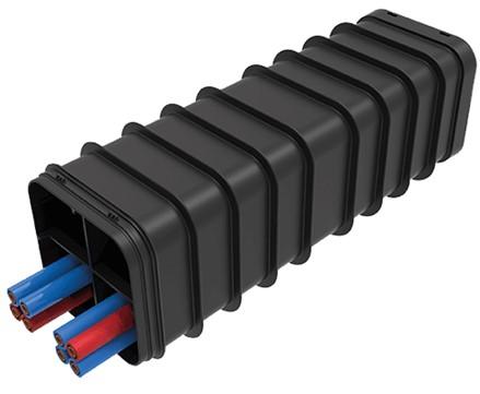 3D rendering of a black, rectangular multi-duct conduit with ribbed exterior housing several colored microducts (blue and red) for fiber optic cable installation.