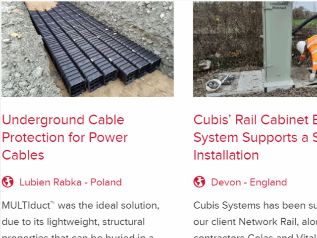 Two case study previews showing modular plastic ducting for underground cable protection in Lubien Rabka, Poland (left), and a rail cabinet base installation in Devon, England (right). Each preview includes a photo, project title, location and description
