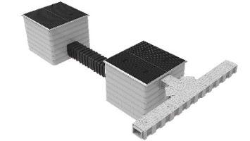 3D illustration of an underground telecom infrastructure setup showing two large access chambers connected by ducting and a cross-section of a multi-duct trench system for fiber optic cable installation.