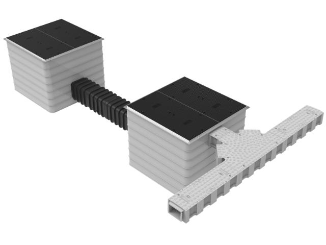 3D illustration of an underground ducting system showing two utility chambers connected by a black ribbed conduit and a horizontal multi-duct trench section for cable routing