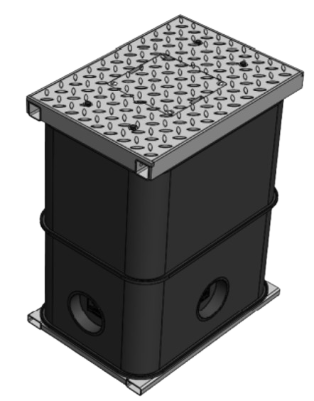 3D rendering of a rectangular underground utility chamber with a diamond-patterned metal cover and multiple circular conduit entry points on the side walls