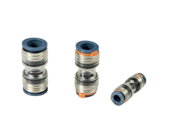 Set of transparent microduct connectors with metal housings and blue and orange sealing ends, used to join or extend microducts in fiber optic cable installations