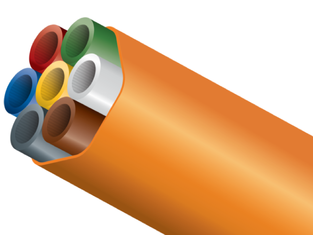 Cross-section of an orange multi-duct conduit containing seven smaller inner microducts in various colors, used for organizing and protecting fiber optic cables in telecommunications networks
