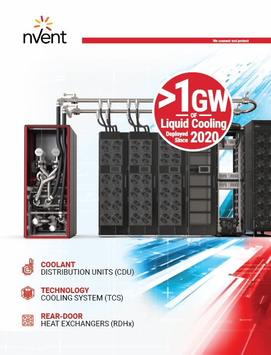 Illustration of a liquid cooling system by nVent, showing distribution units, rear-door heat exchangers, and coolant technology connected to server racks. Text highlights “>1 GW of Liquid Cooling Designed Since 2020.”