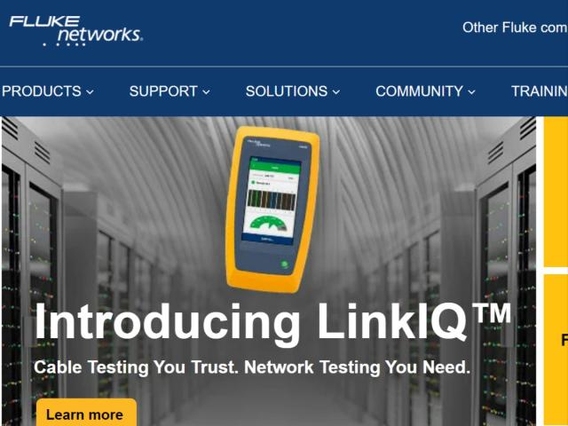 Screenshot from Fluke Networks' website introducing the LinkIQ™ cable and network tester, with the device displayed in the center and data center racks in the background.