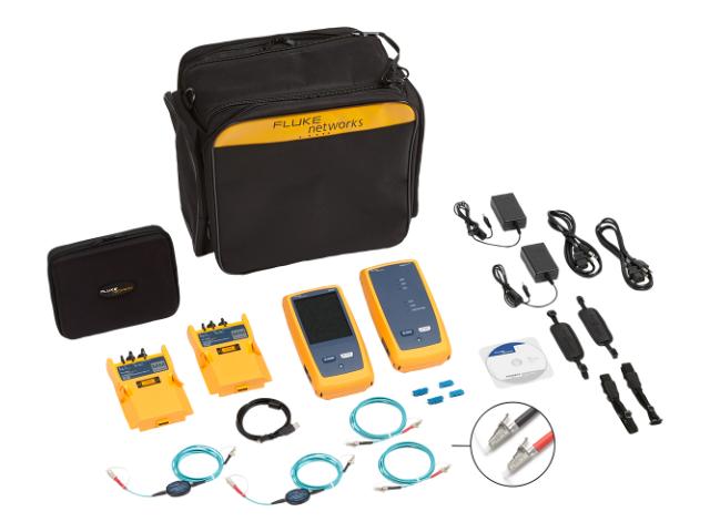 Complete Fluke Networks Versiv fiber optic test kit including handheld testers, launch cables, adapters, chargers, cleaning tools, instruction manual, and a carrying case.