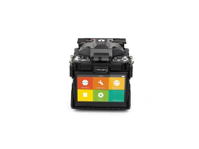 Front view of an INNO fiber optic fusion splicer with a touchscreen interface displaying colorful icons for various functions.