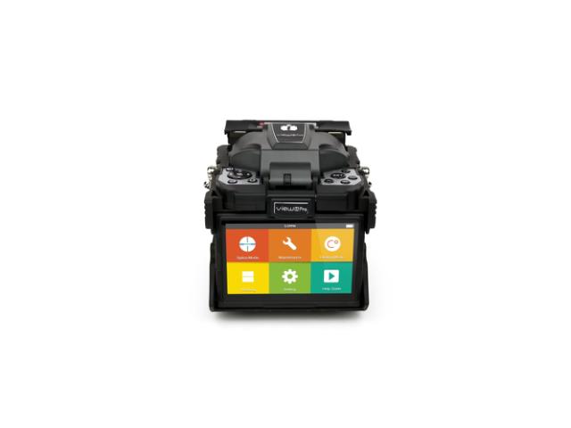 Front view of an INNO Instrument fiber optic fusion splicer with a touchscreen interface displaying colorful icons for various functions.