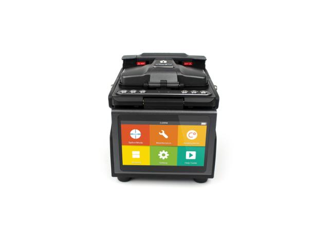 A compact INNO fiber optic fusion splicer with a colorful touchscreen interface, showing menu icons for alignment, splice, settings, and other functions.