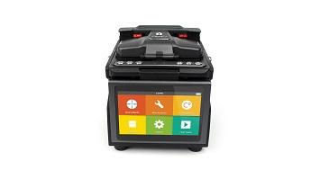 Front view of a modern fiber optic fusion splicer with a touchscreen interface displaying colorful icons for various functions, used for precisely joining optical fibers end-to-end.