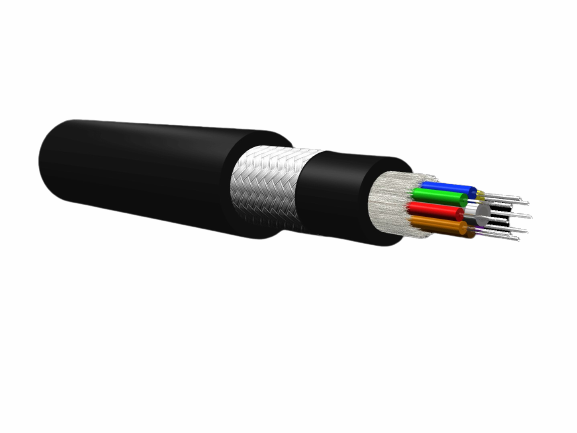 3D illustration of an Optral armored fiber optic cable with a black outer sheath, metallic shielding, and multiple color-coded optical fibers inside.