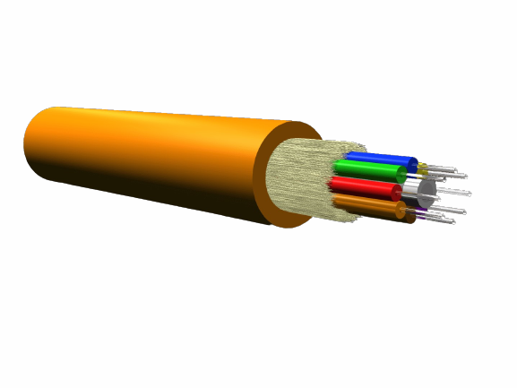 3D illustration of a cross-section of an Optral fiber optic cable with multiple color-coded internal fibers and protective outer layers.