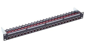 Angled view of a 24-port Ethernet patch panel with RJ45 connectors and red keystone jacks, designed for mounting in a standard 19-inch server rack.