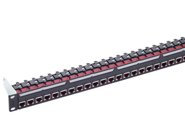 24-port RJ45 patch panel for structured cabling, designed for mounting in a standard 19-inch rack.