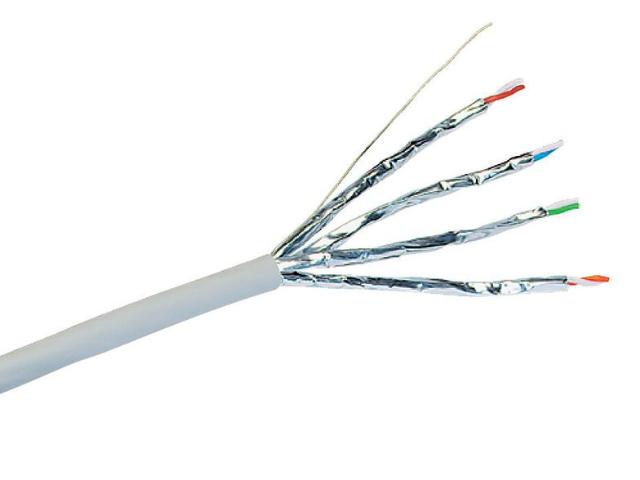 Close-up of a shielded twisted pair Ethernet cable with foil-wrapped wire pairs exposed, used for data transmission and network installations.