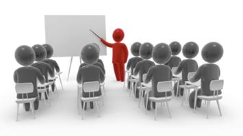 3D illustration of a red figure standing in front of a whiteboard giving a presentation to a group of seated grey figures, symbolizing a training or educational session.